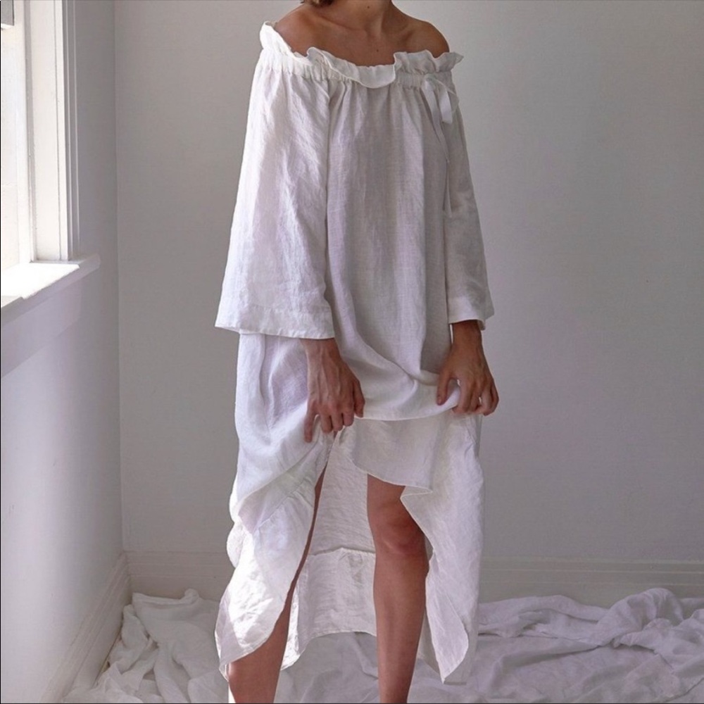 Deiji Studios 05 Linen Lounge Long Sleep Dress White